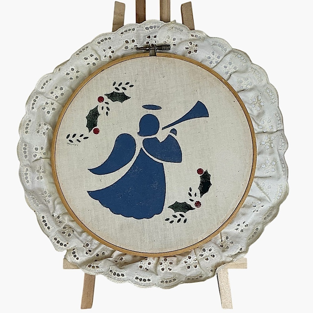 Vintage Hand Crafted Angel Wood Embroidery Hoop Blue Holiday Christmas Decor 11β
